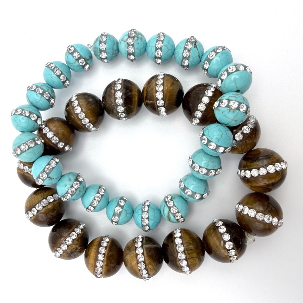 Turquoise Color & Tiger's Eye Bead Stretch Bracelets w/Banded Rhinestone Inlay